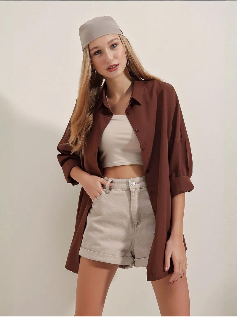 Camisa oversized em popelina com padrão e botões bdart Castanho - Kiabi