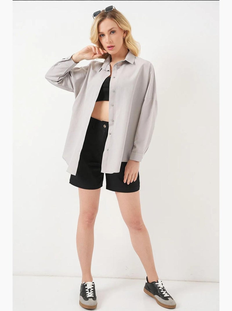 Camisa oversized em popelina com padrão e botões bdart Cinza claro - Kiabi