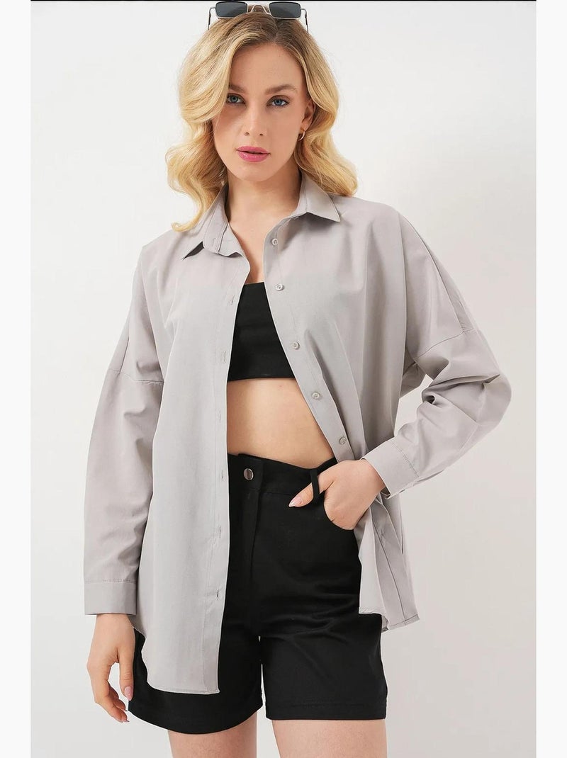 Camisa oversized em popelina com padrão e botões bdart Cinza claro - Kiabi