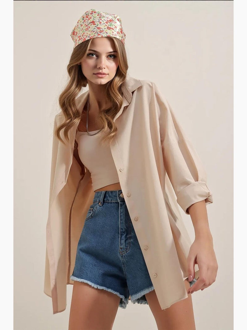 Camisa oversized em popelina com padrão e botões bdart Creme - Kiabi