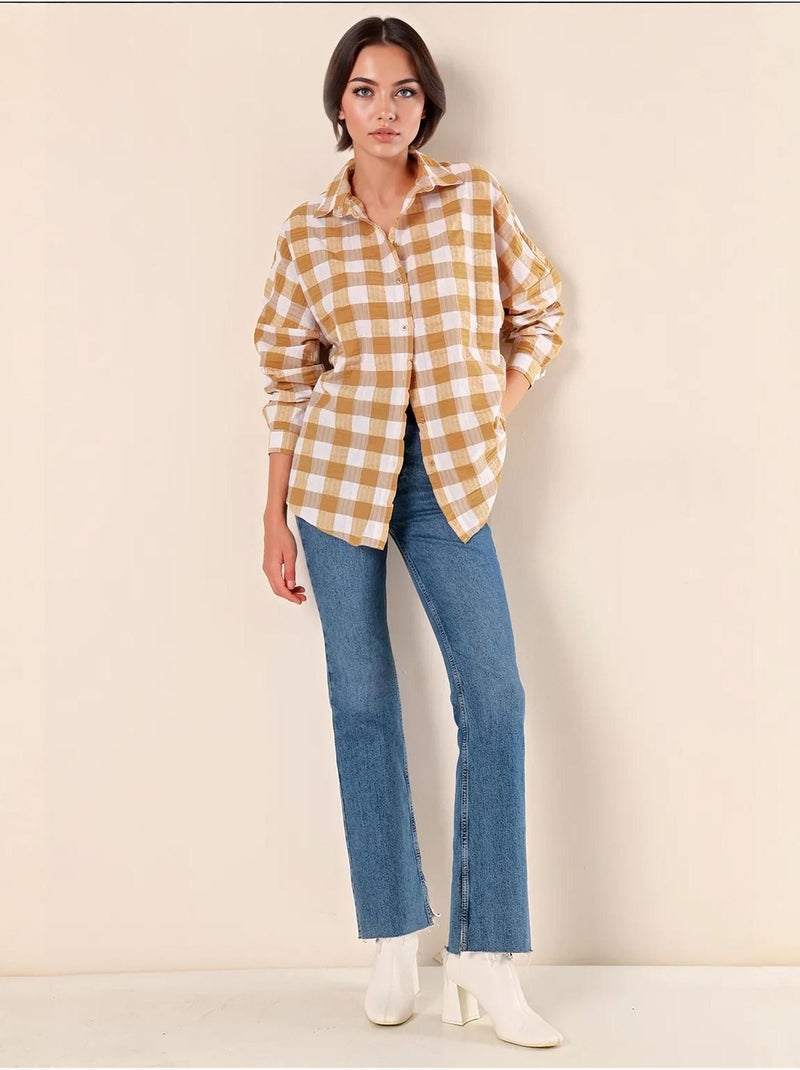 Camisa oversized em popelina com padrão e botões bdart Greige - Kiabi