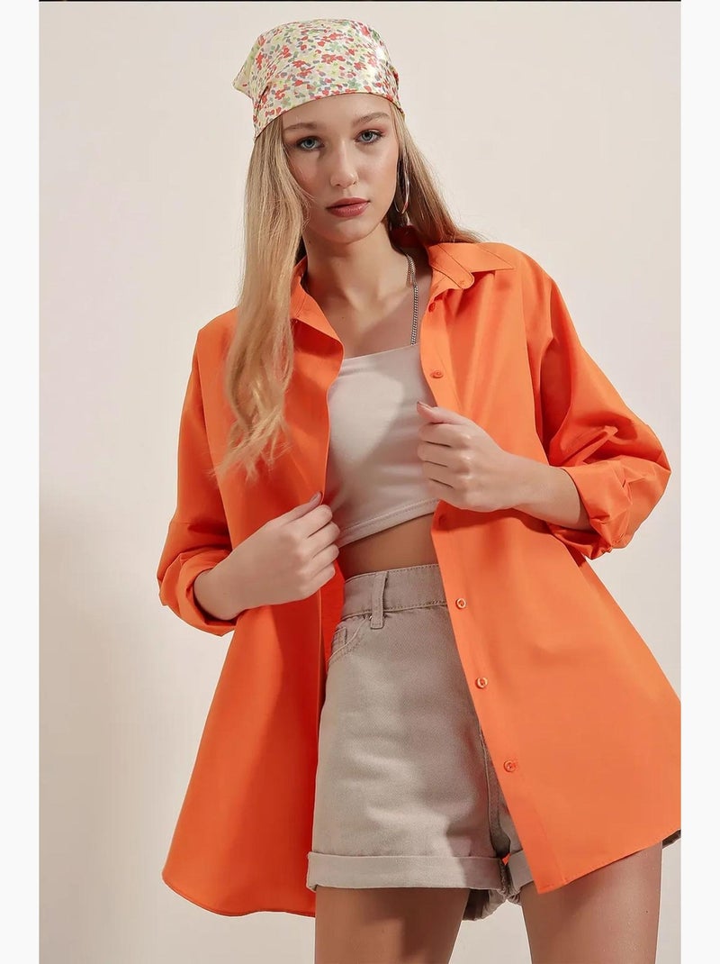 Camisa oversized em popelina com padrão e botões bdart Laranja - Kiabi