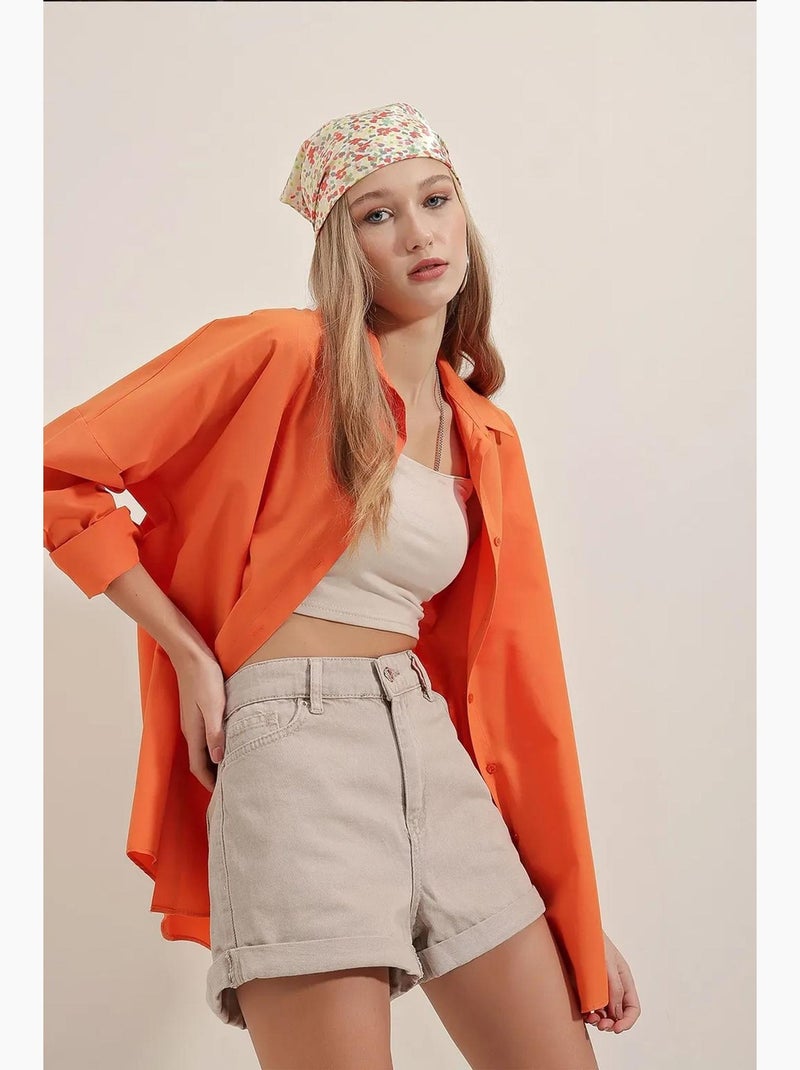Camisa oversized em popelina com padrão e botões bdart Laranja - Kiabi