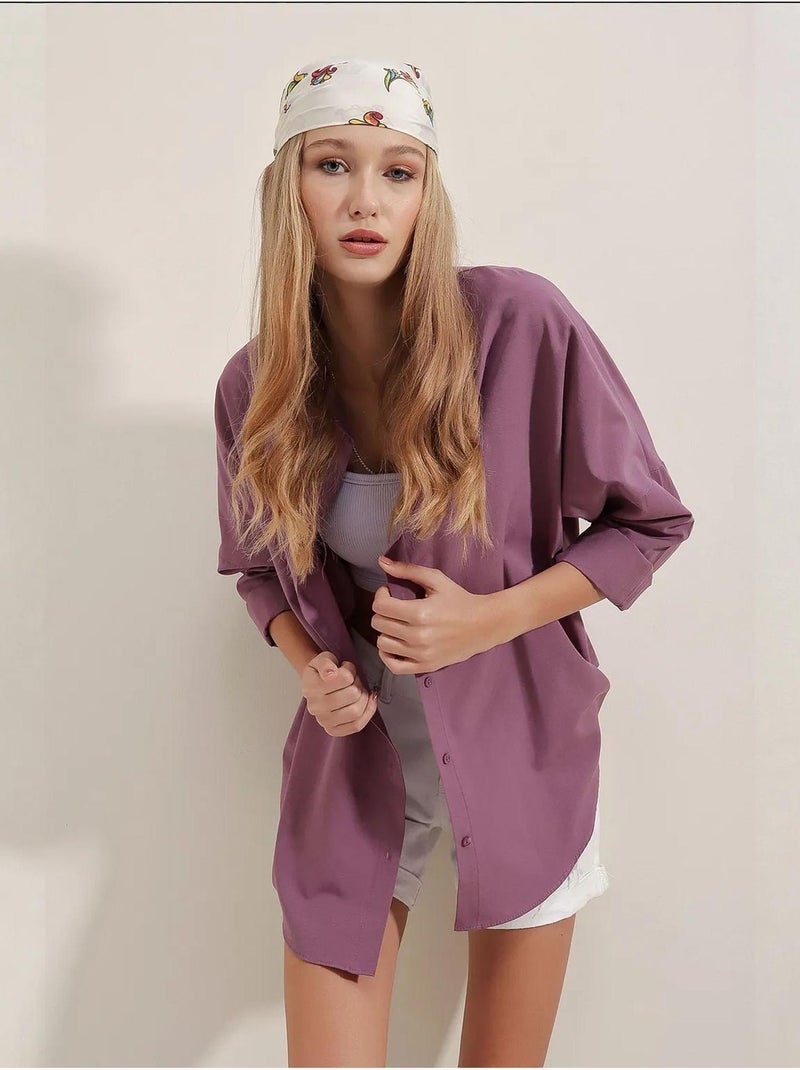 Camisa oversized em popelina com padrão e botões bdart Malva - Kiabi