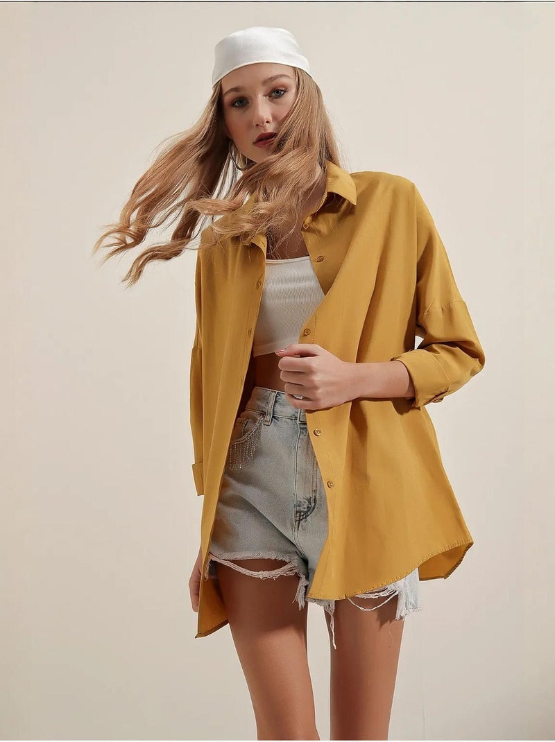 Camisa oversized em popelina com padrão e botões bdart Mostarda - Kiabi