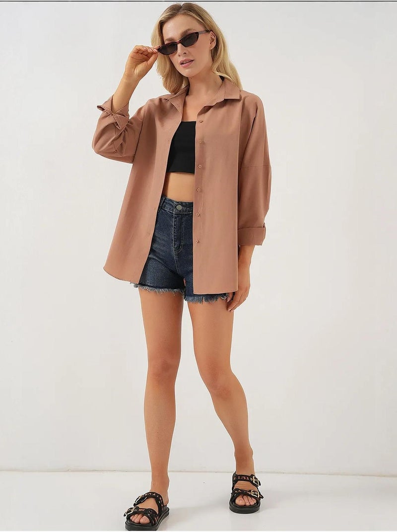 Camisa oversized em popelina com padrão e botões bdart Toupe - Kiabi