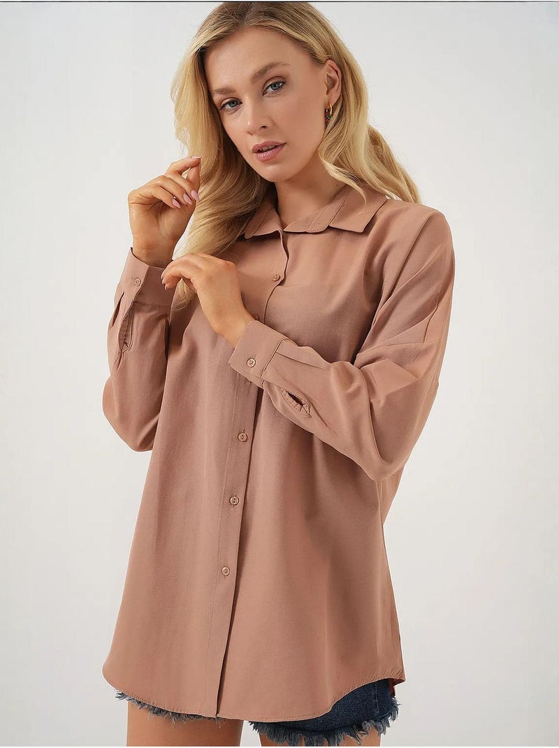 Camisa oversized em popelina com padrão e botões bdart Toupe - Kiabi