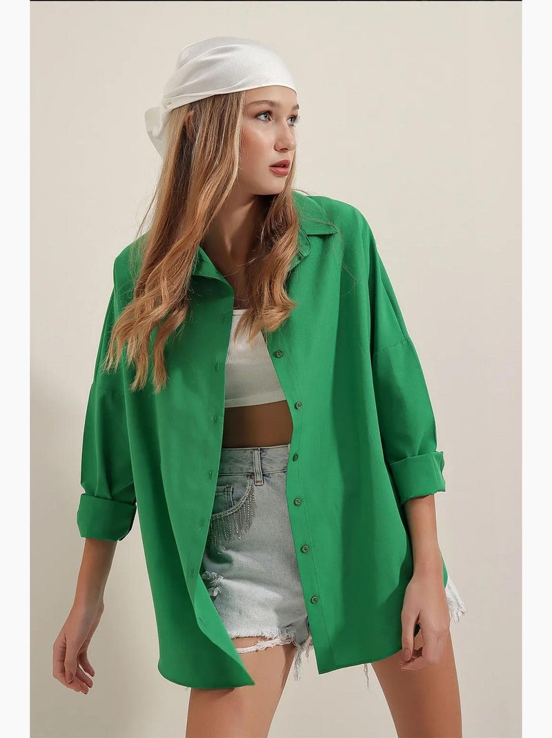 Camisa oversized em popelina com padrão e botões bdart Verde esmeralda - Kiabi