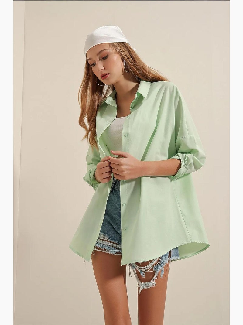 Camisa oversized em popelina com padrão e botões bdart Verde menta - Kiabi