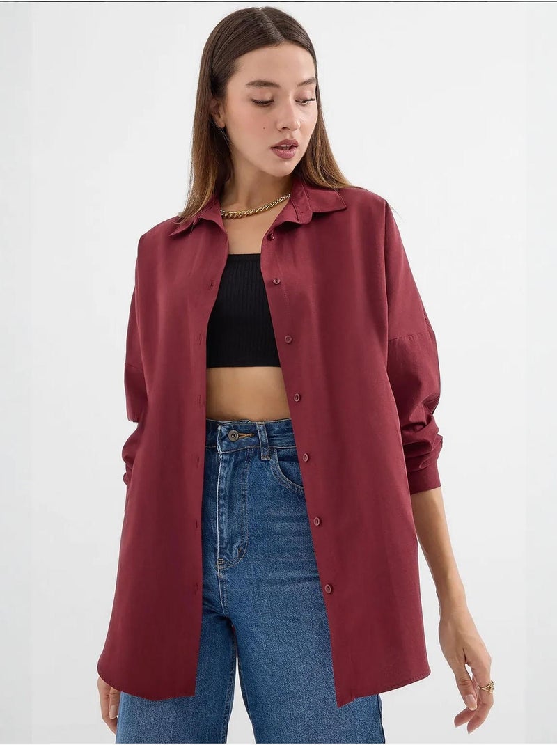 Camisa oversized em popelina com padrão e botões bdart Vermelho granada - Kiabi