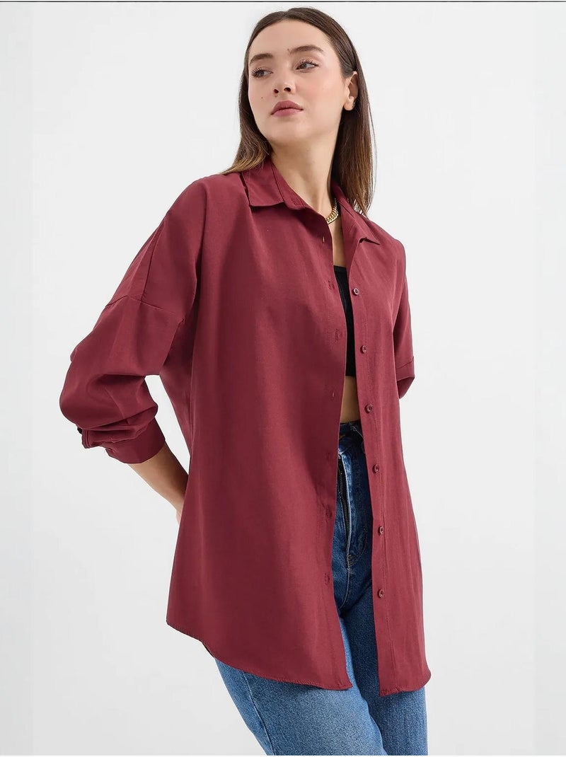 Camisa oversized em popelina com padrão e botões bdart Vermelho granada - Kiabi