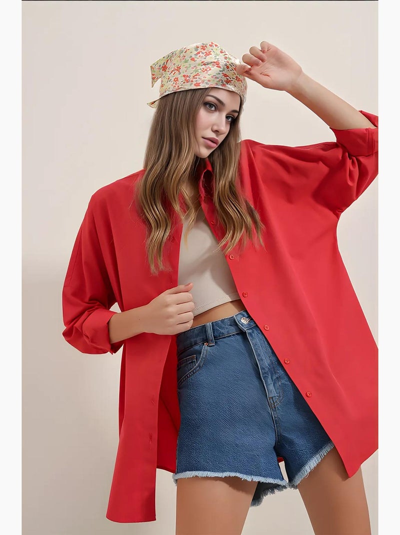 Camisa oversized em popelina com padrão e botões bdart Vermelho - Kiabi