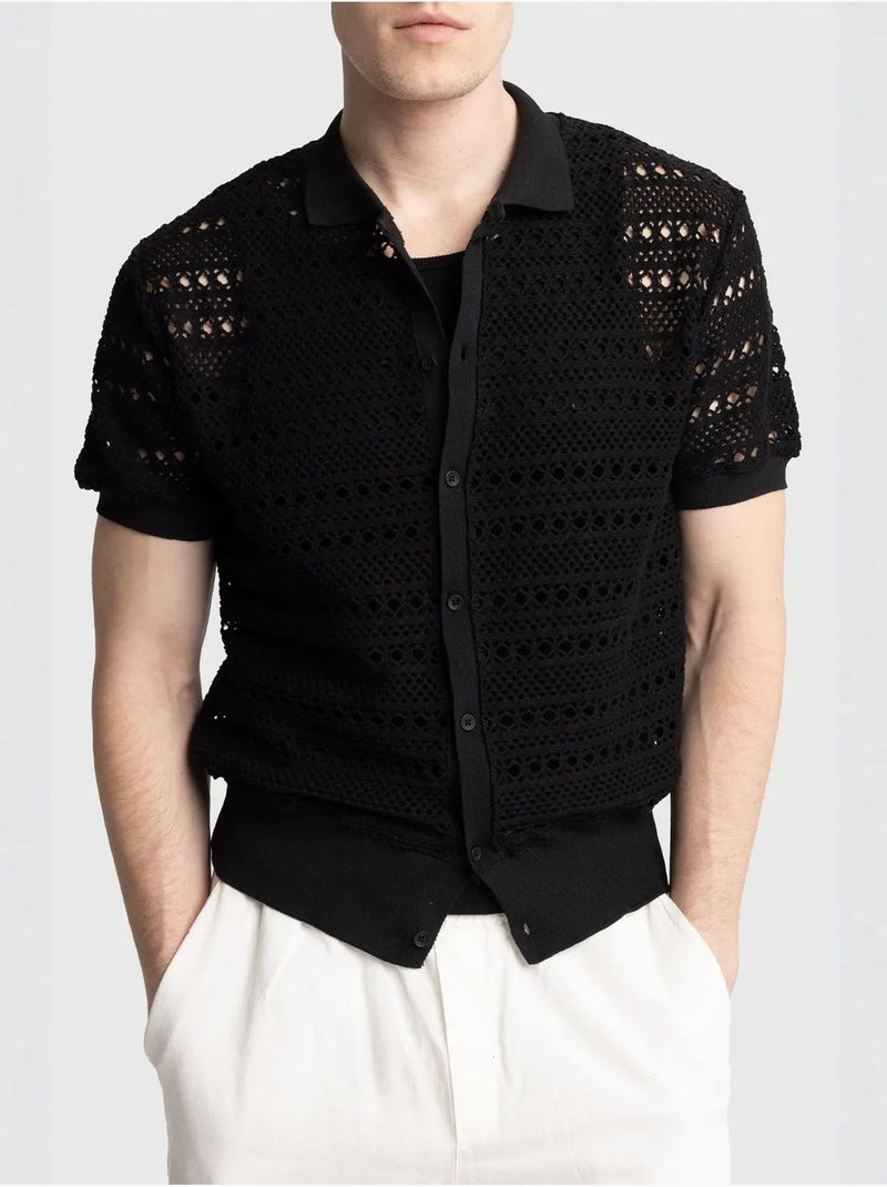 Camisa polo de malha texturada com fecho de botões giesto Preto - Kiabi