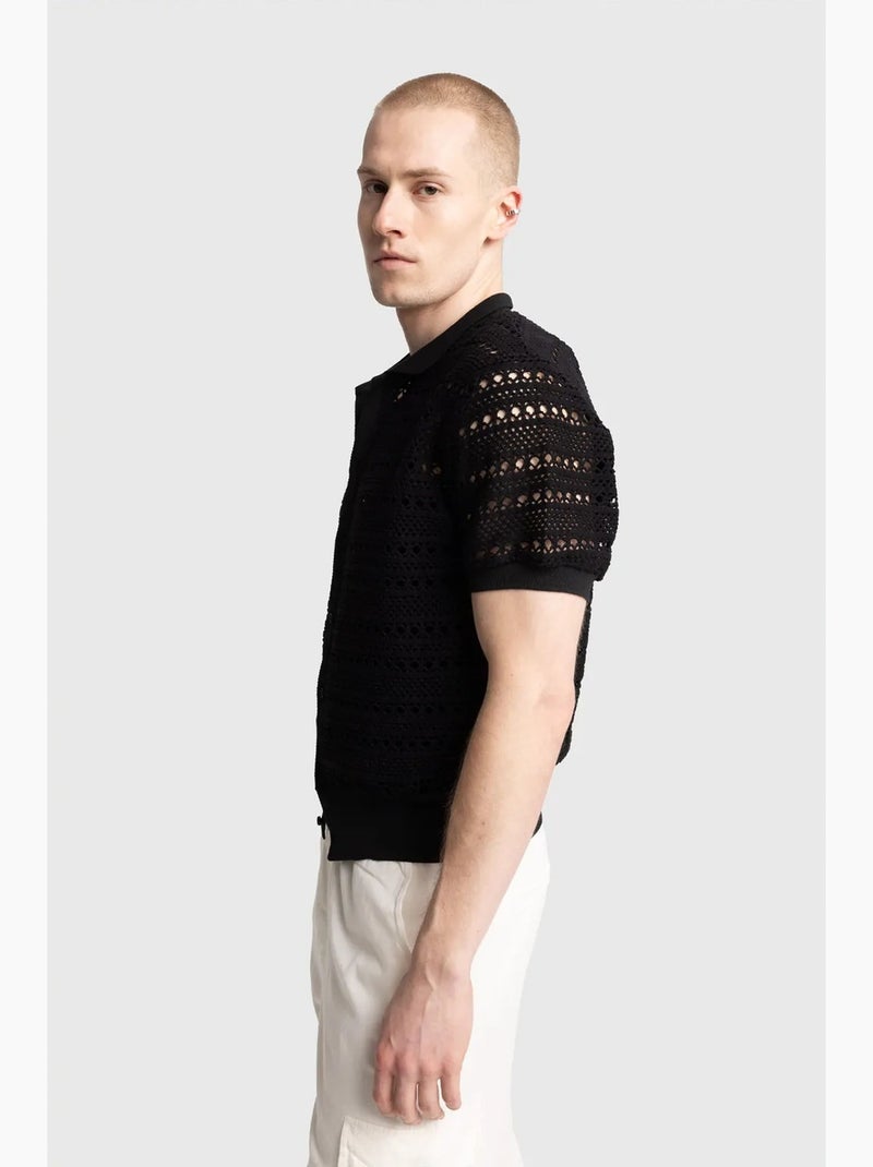 Camisa polo de malha texturada com fecho de botões giesto Preto - Kiabi