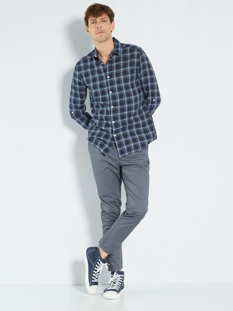 Camisa regular aos quadrados em sarja de algodão AZUL - Kiabi