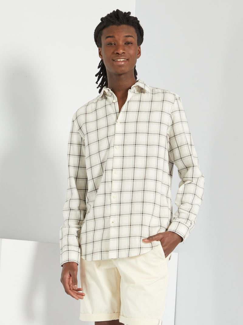 Camisa regular aos quadrados em sarja de algodão BRANCO - Kiabi