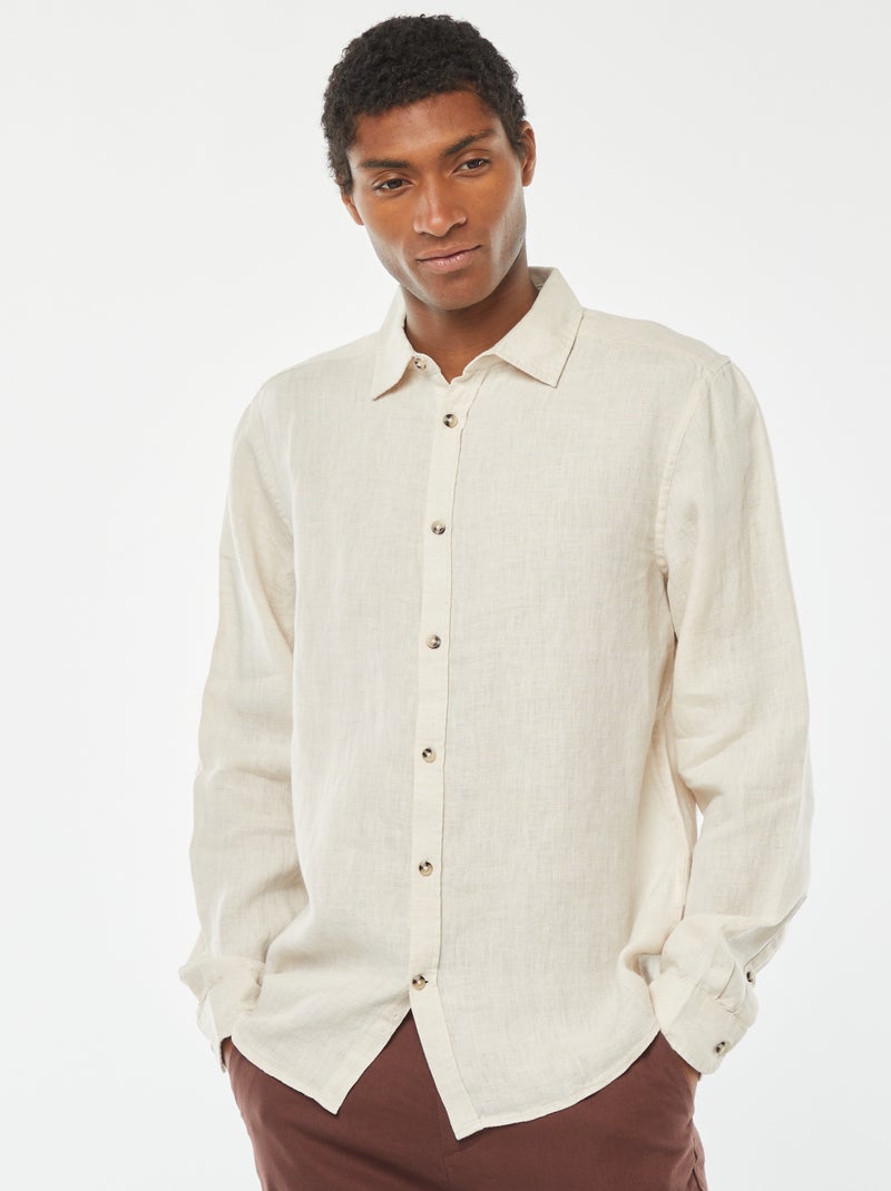 Camisa regular de linho bege - Kiabi