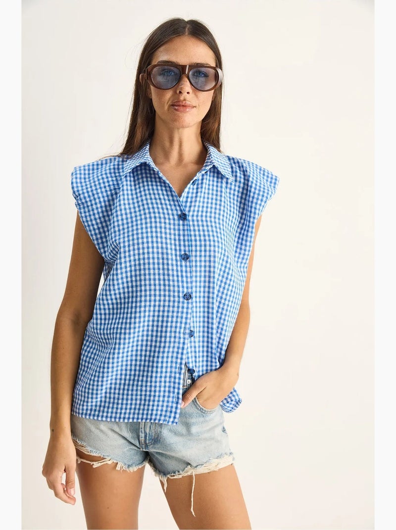 Camisa sem mangas de algodão xadrez vichy lucci Azul - Kiabi