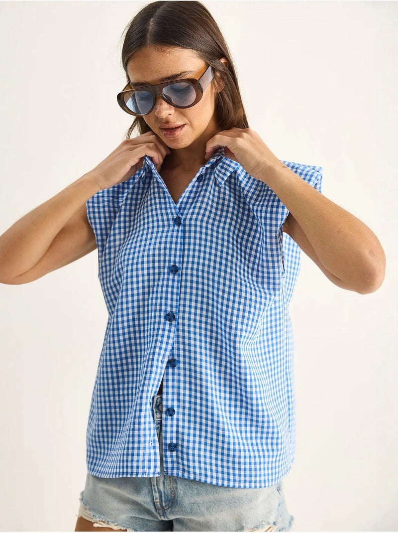Camisa sem mangas de algodão xadrez vichy lucci Azul - Kiabi