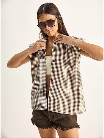 Camisa sem mangas de algodão xadrez vichy lucci