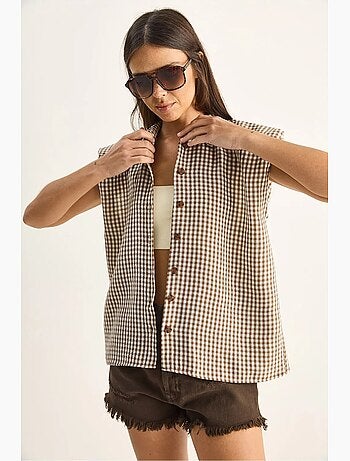 Camisa sem mangas de algodão xadrez vichy lucci