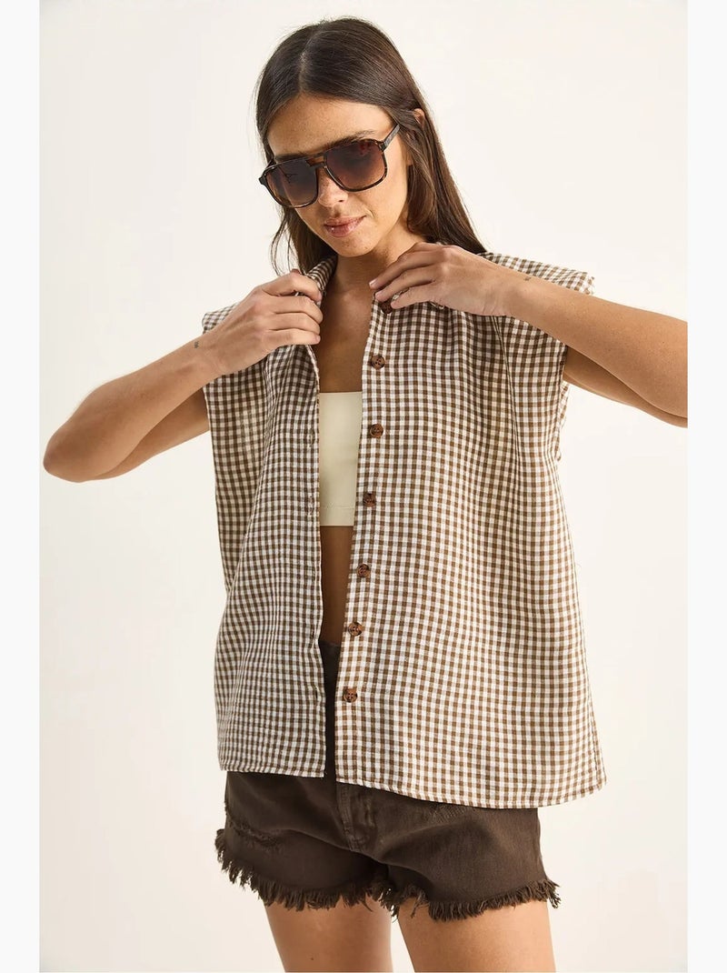 Camisa sem mangas de algodão xadrez vichy lucci Castanho - Kiabi