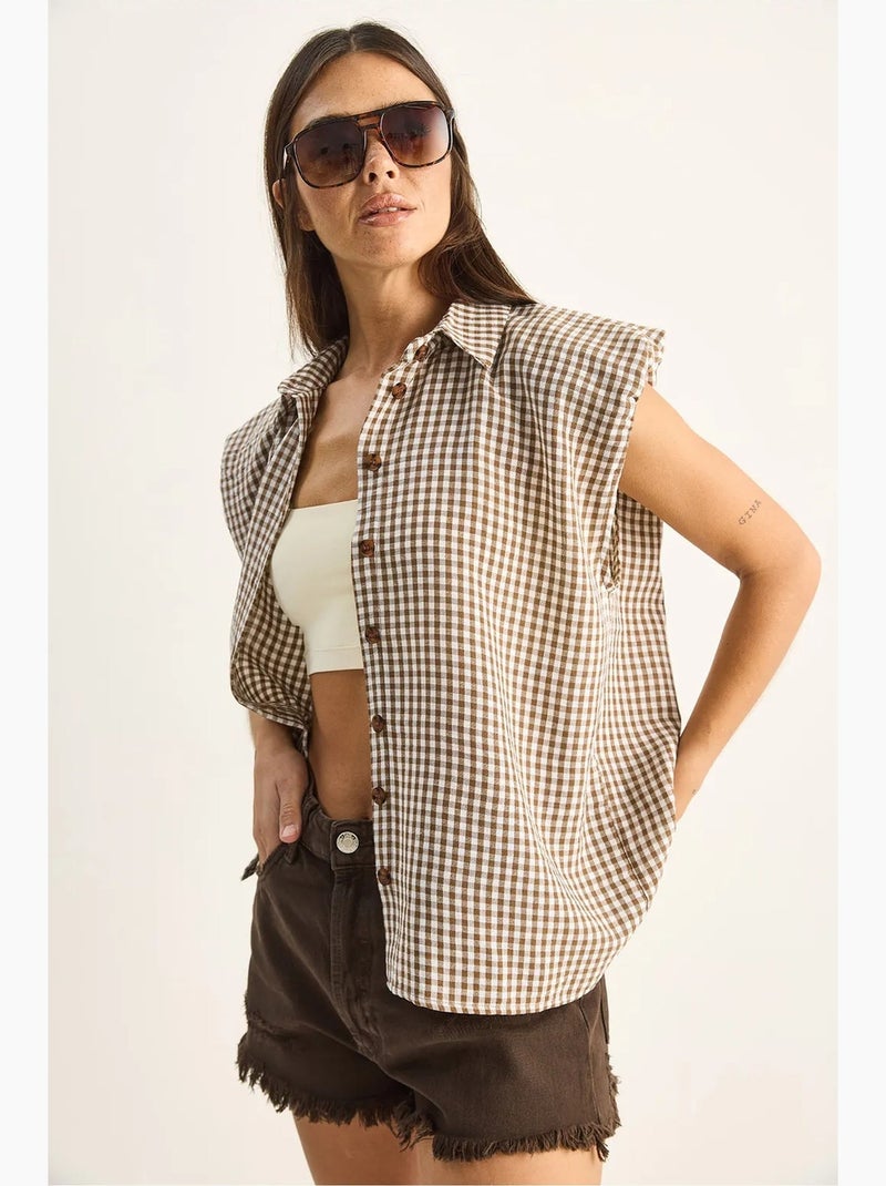 Camisa sem mangas de algodão xadrez vichy lucci Castanho - Kiabi