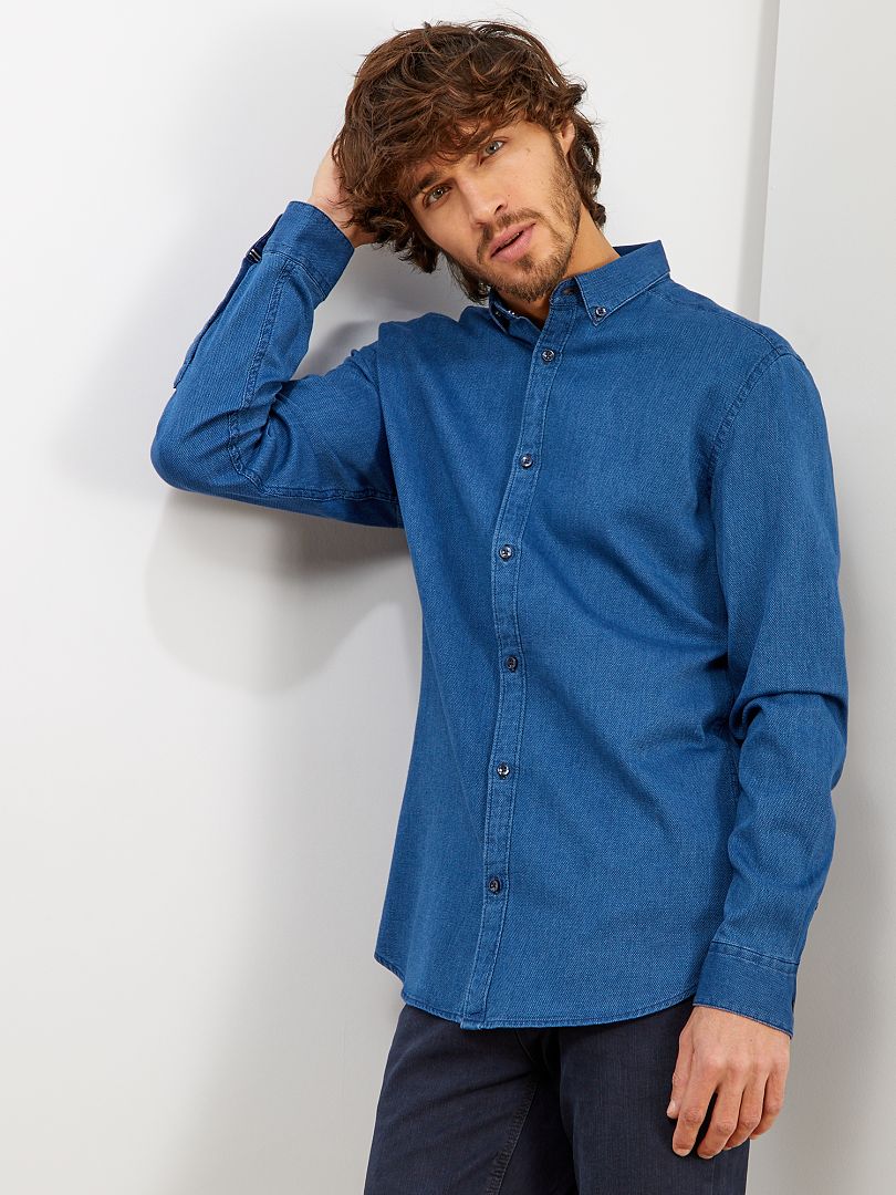 Camisa slim em piqué de algodão Azul - Kiabi