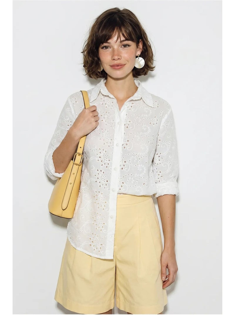 Camisa tecida bordada de corte descontraído lucci Branco - Kiabi