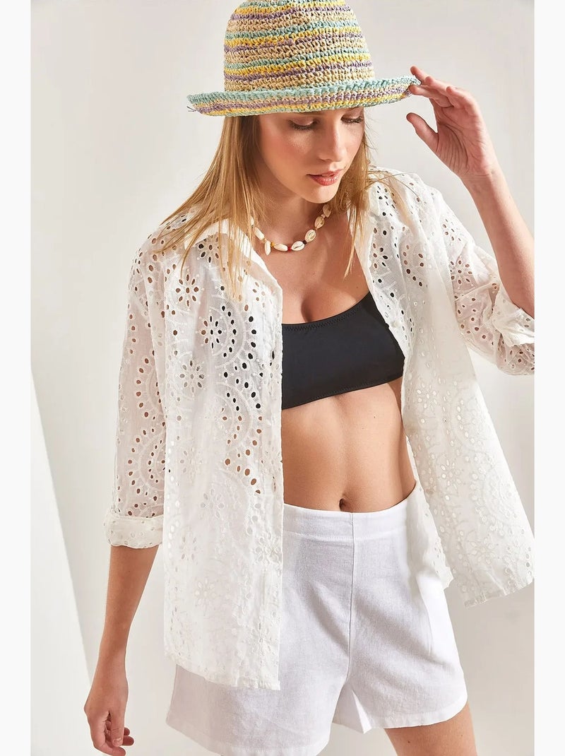 Camisa tecida em renda bordada lucci Branco - Kiabi