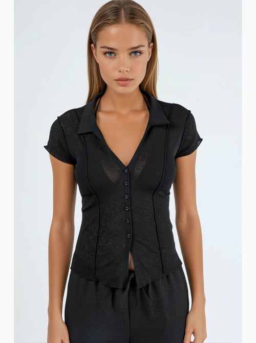 Camisa texturada de manga curta com botões busem - Kiabi Camisa texturada de manga curta com botões busem - Kiabi
