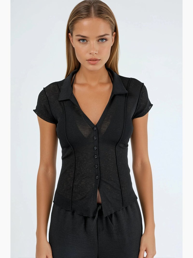 Camisa texturada de manga curta com botões busem Preto - Kiabi