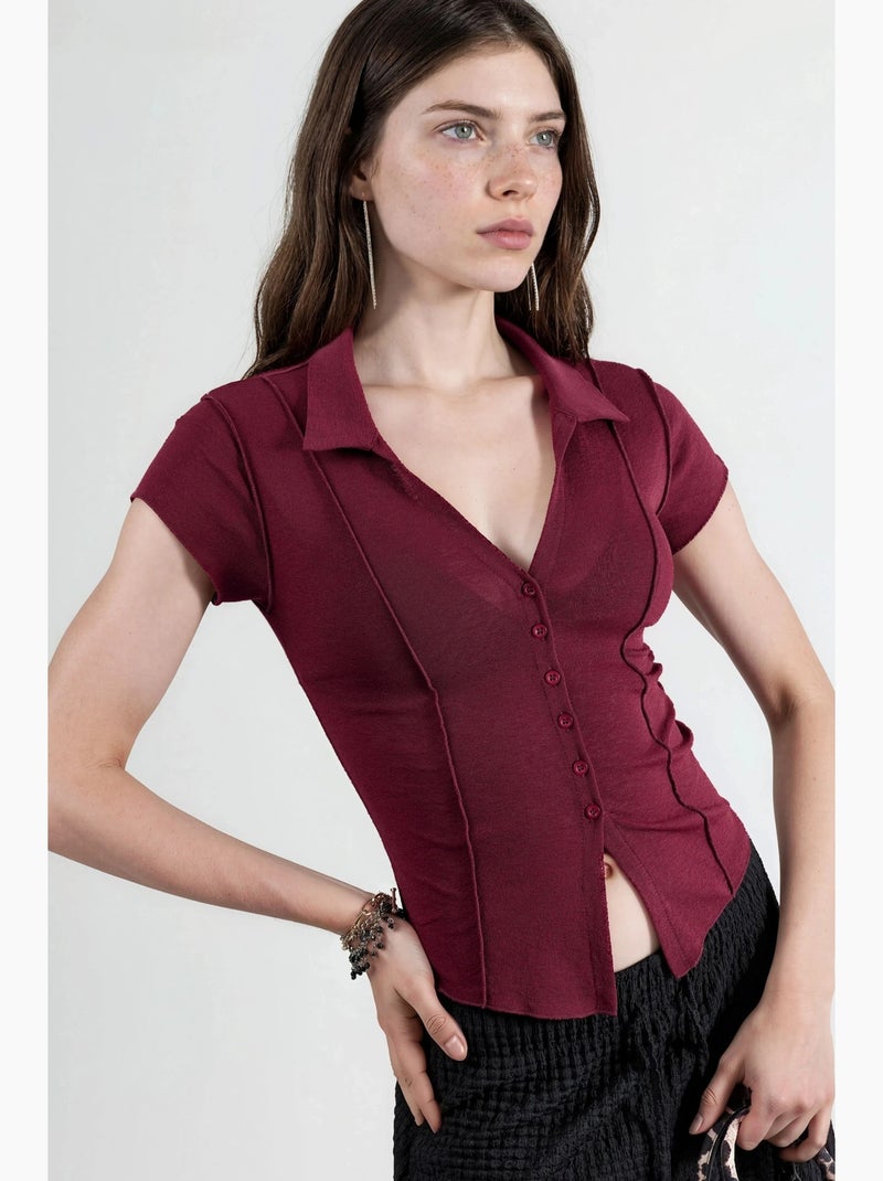 Camisa texturada de manga curta com botões busem Vermelho bordô - Kiabi