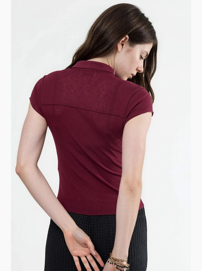 Camisa texturada de manga curta com botões busem Vermelho bordô - Kiabi
