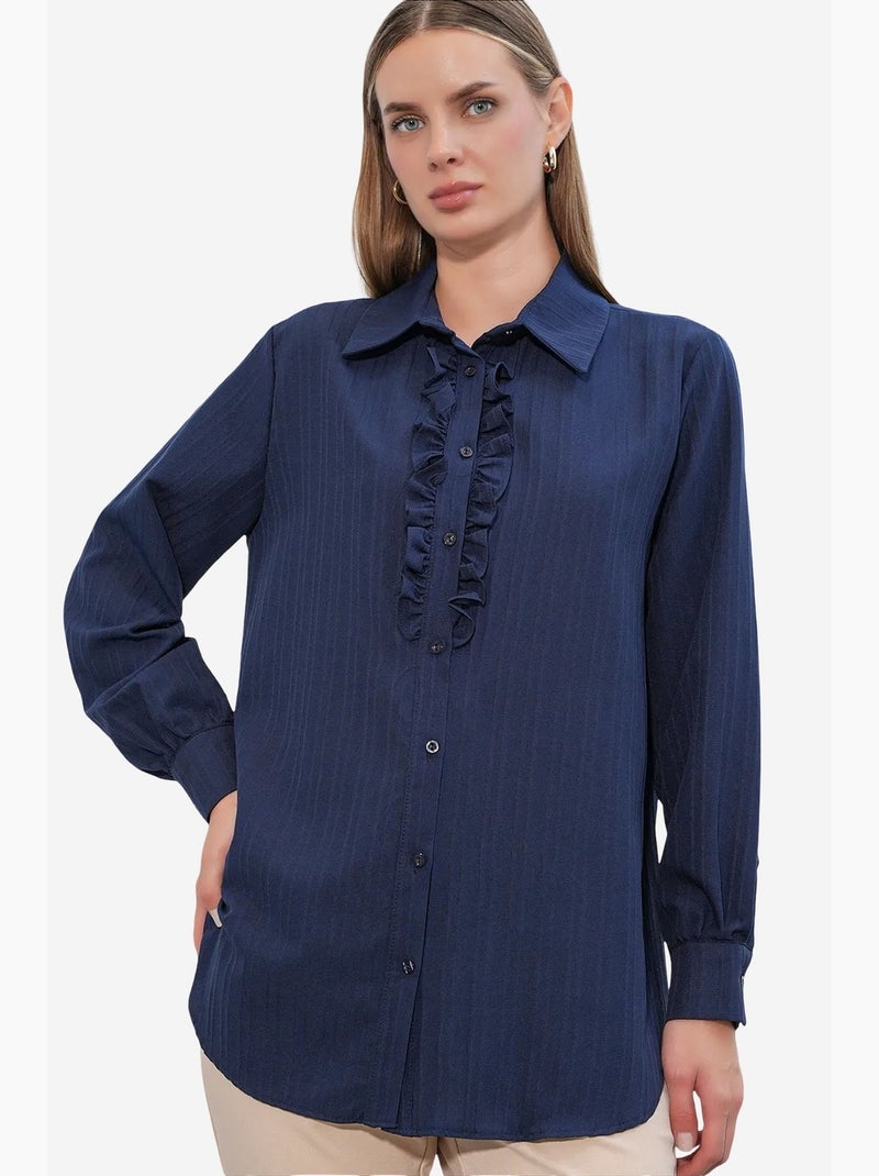 Camisa texturizada com detalhes de folhos bdart Azul-marinho - Kiabi