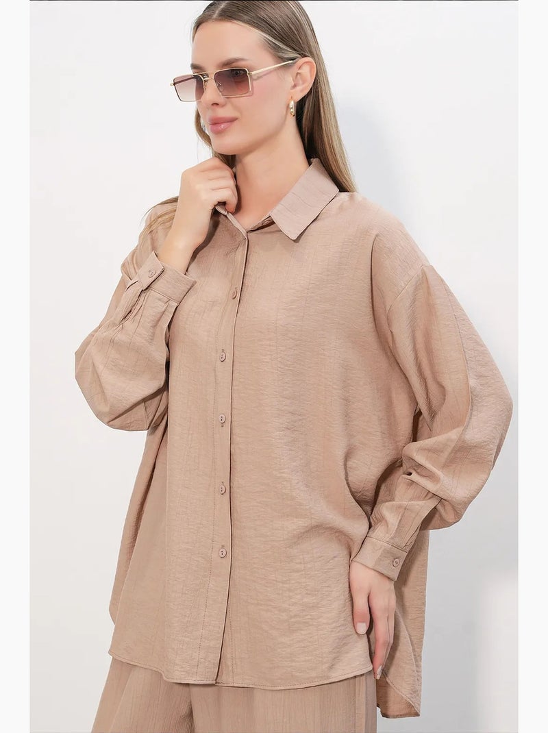 Camisa texturizada de botões com manga comprida bdart Greige - Kiabi