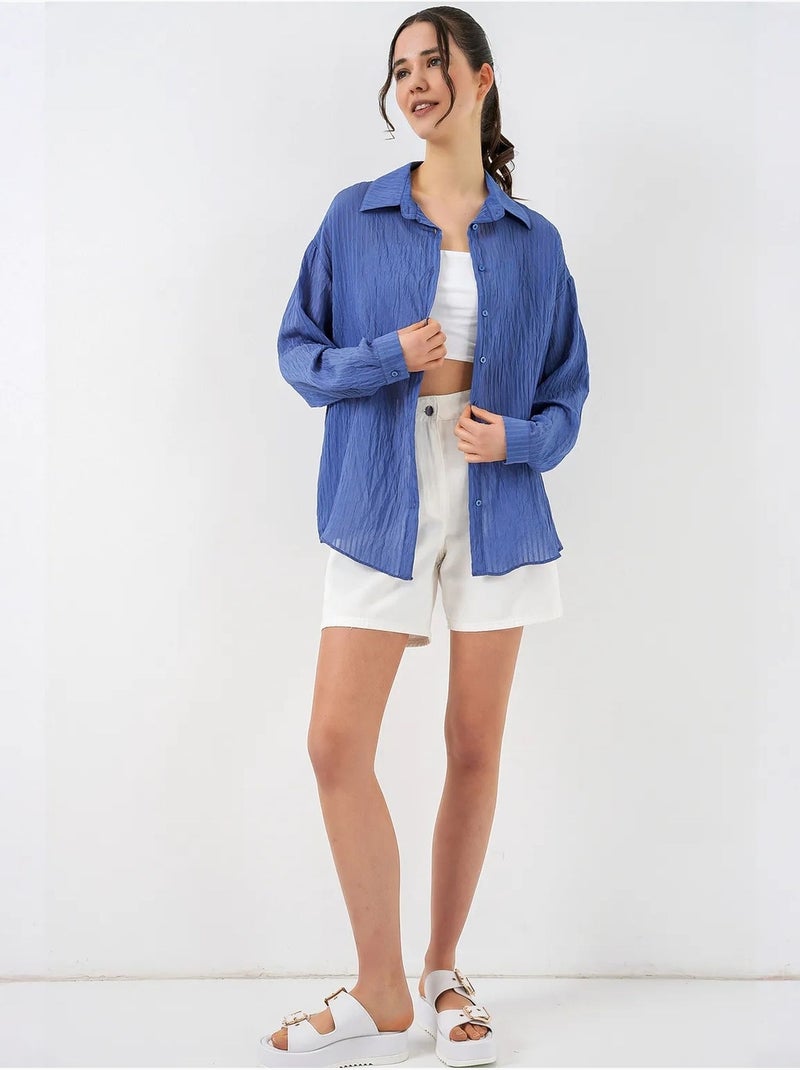 Camisa texturizada de manga comprida com botões bdart Azul-cobalto - Kiabi