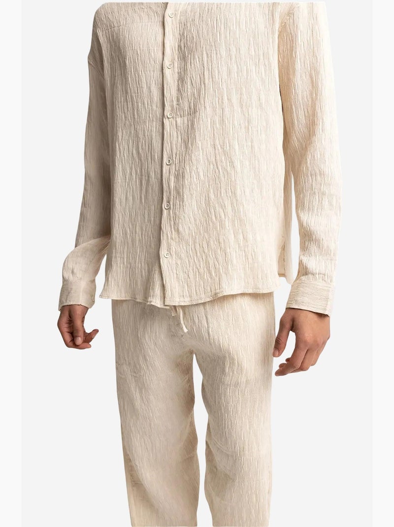 Camisa texturizada de manga comprida com decote redondo giesto Bege-argila - Kiabi