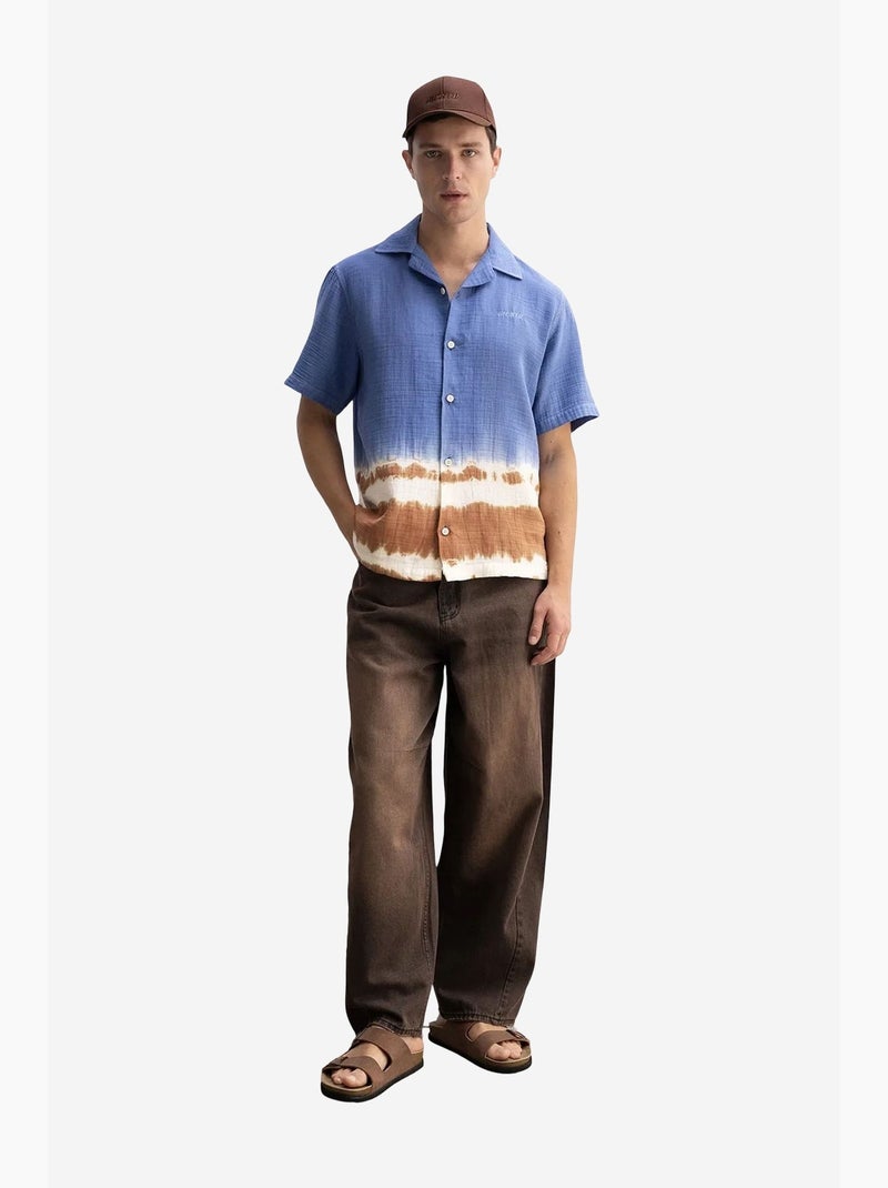 Camisa tie-dye de manga curta com botões giesto Azul claro - Kiabi