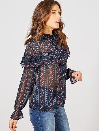 Camisa transparente com folhos - Kiabi