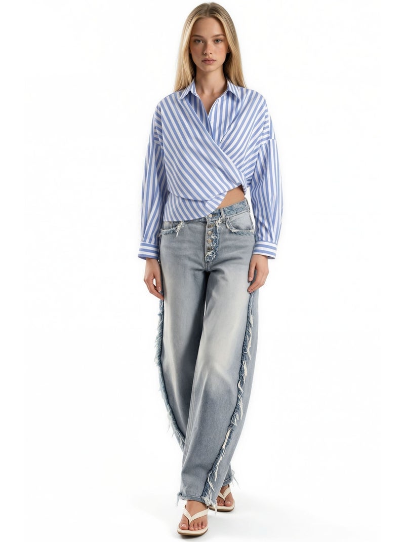 Camisa transpassada às riscas com laço hiccup Azul claro - Kiabi
