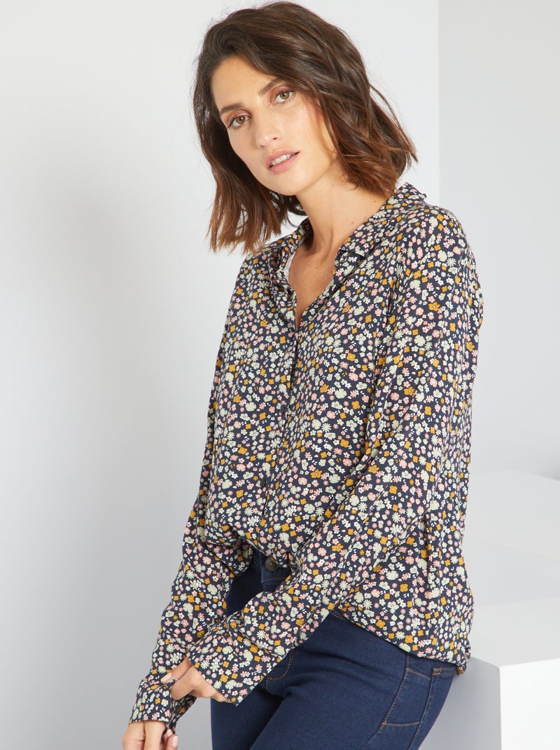 Camisa túnica fluida às flores AZUL - Kiabi