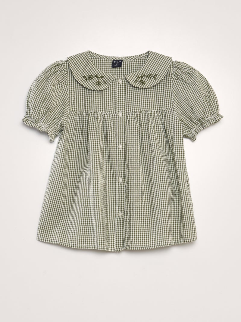 Camisa vichy com gola claudine bordada CAQUI - Kiabi