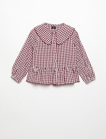 Camisa xadrez em voile de algodão e gola fantasia