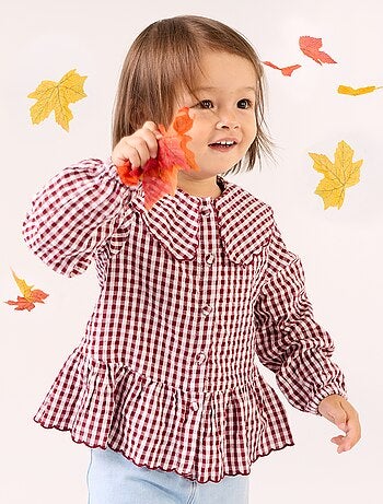 Camisa xadrez em voile de algodão e gola fantasia