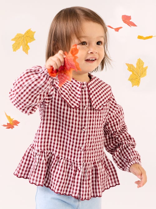 Camisa xadrez em voile de algodão e gola fantasia - Kiabi