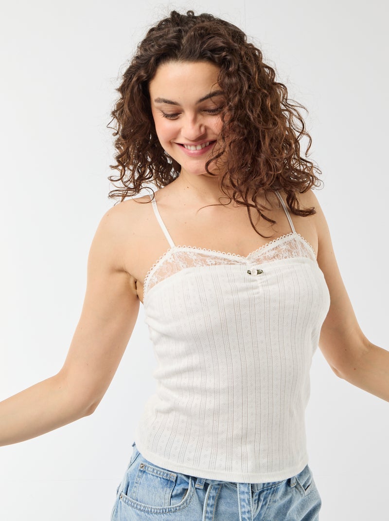 Camiseiro de malha pointelle e renda Branco - Kiabi