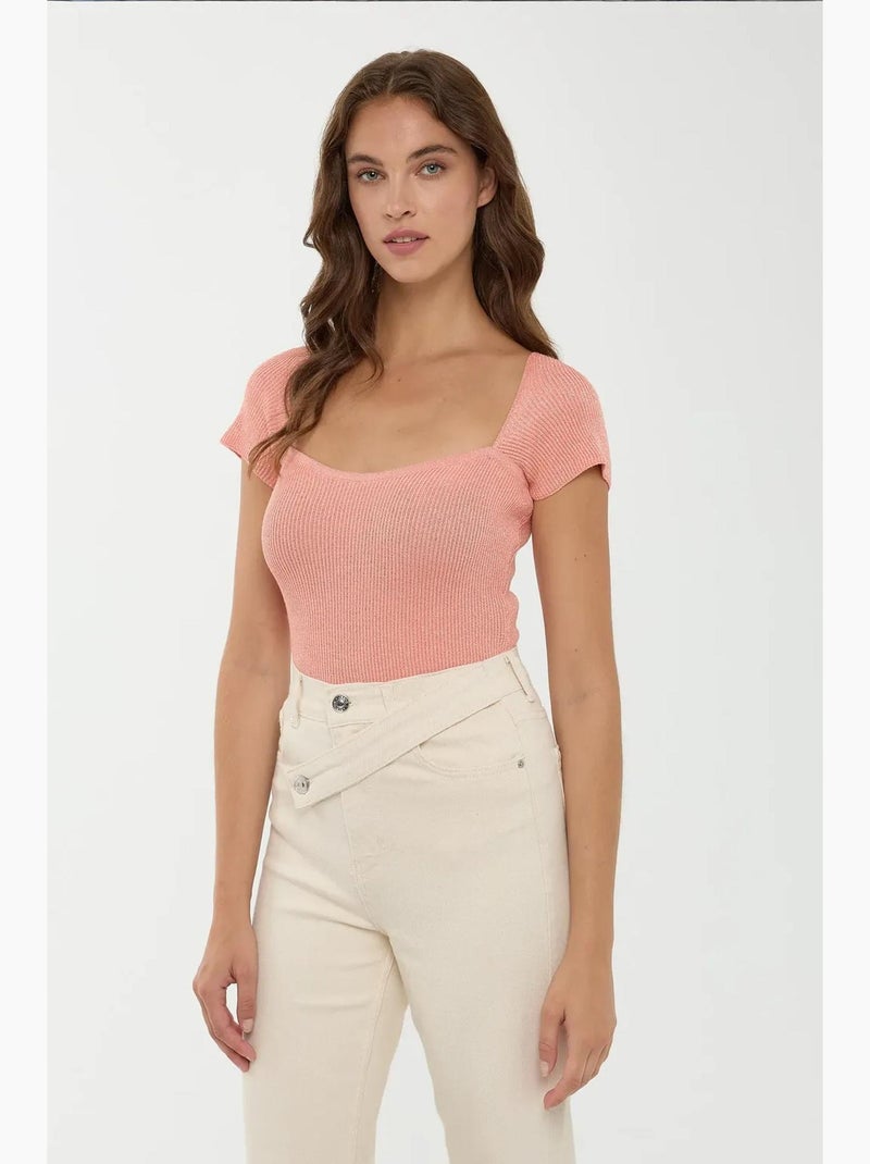 Camiseta de manga comprida em malha decote quadrado hiccup Rosa - Kiabi