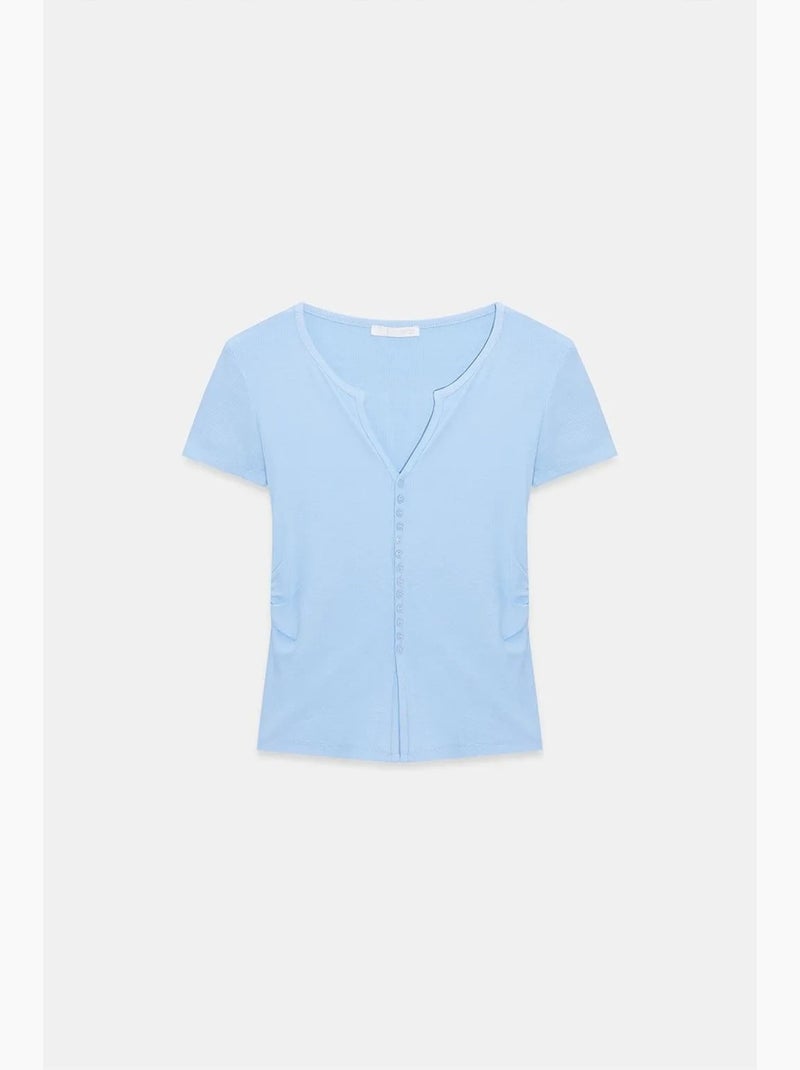 Camiseta decote redondo botões manga comprida justa dilvin Azul-céu - Kiabi