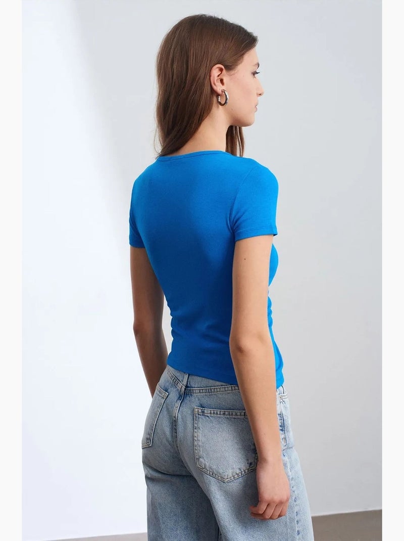 Camiseta decote redondo botões manga comprida justa dilvin Azul-cobalto - Kiabi